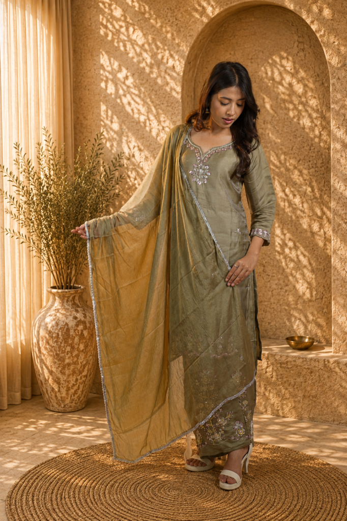 Embroidered Crepe Kurta Set