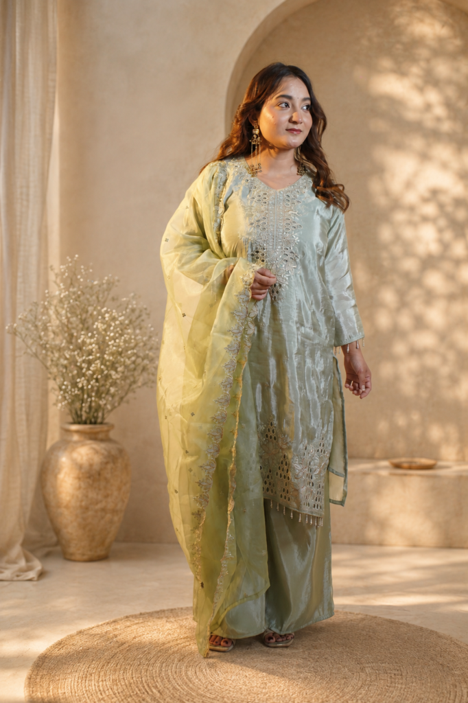 Elegant sea green satin kurta set