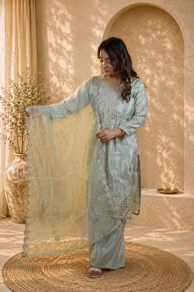 Elegant sea green satin kurta set