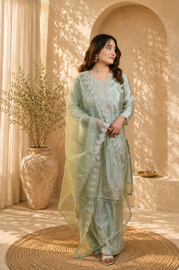 Elegant sea green satin kurta set