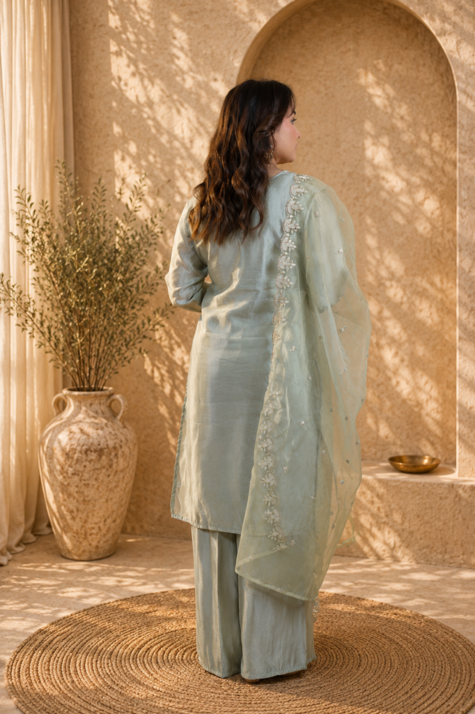 Elegant sea green satin kurta set