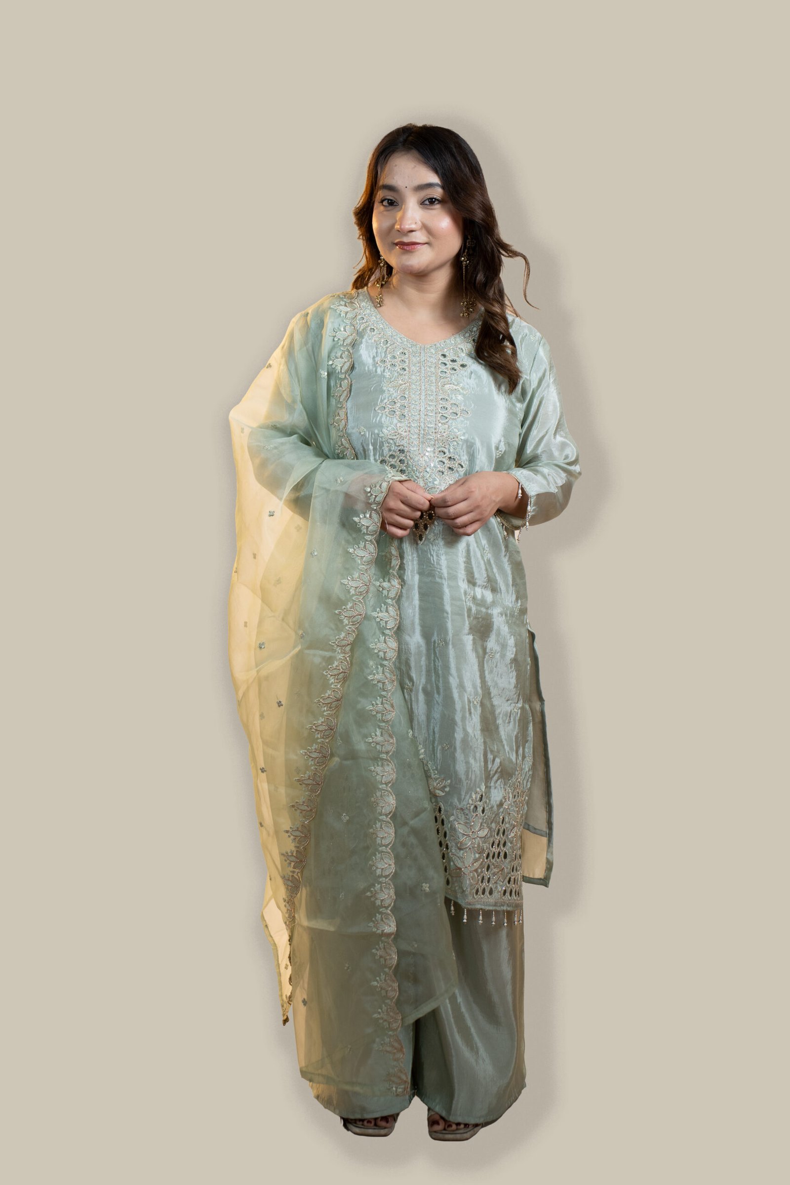 Elegant sea green satin kurta set