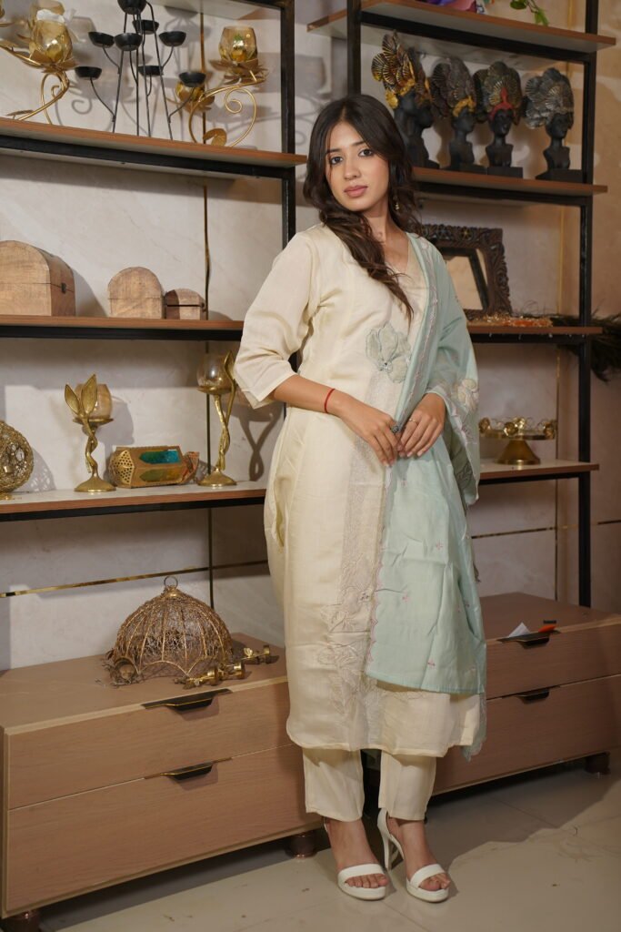 Ivory Floral Embroidered A-Line Kurta Set