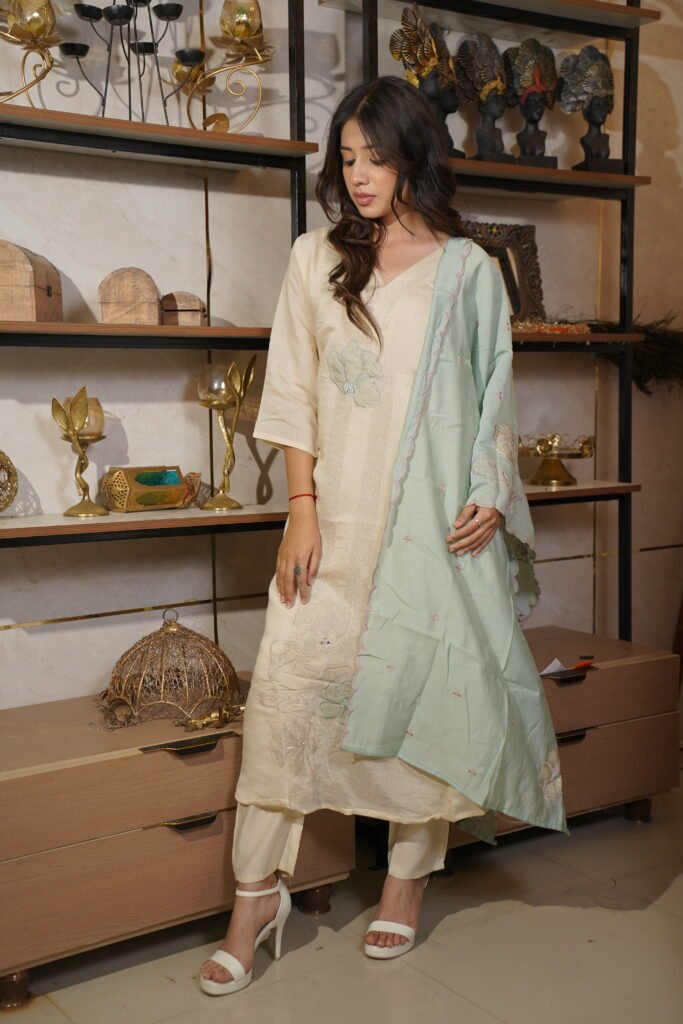 Ivory Floral Embroidered A-Line Kurta Set