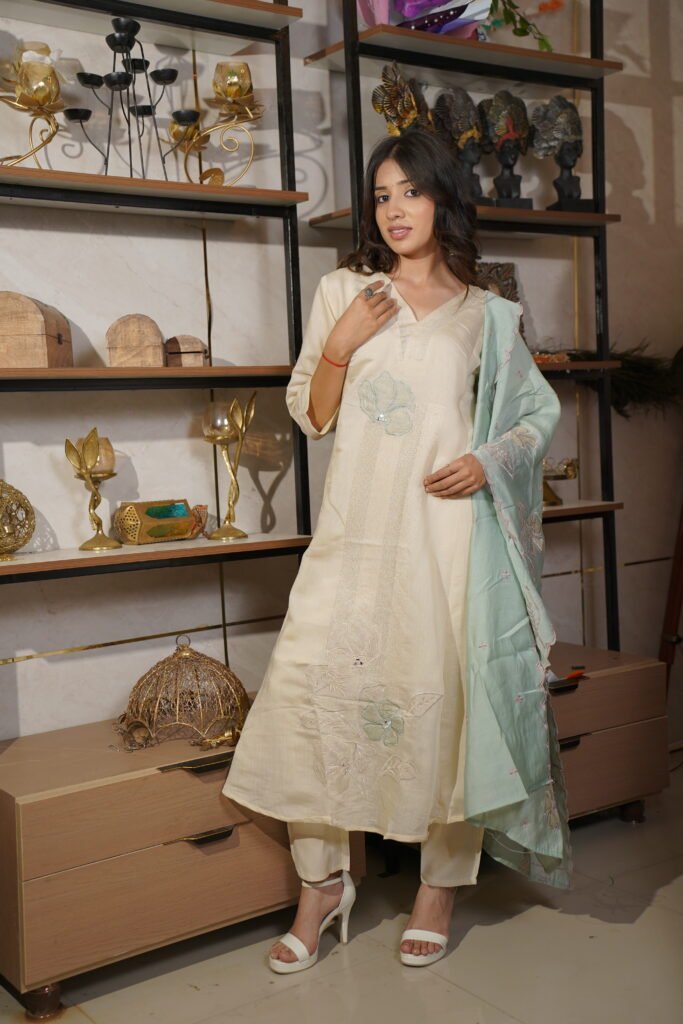 Ivory Floral Embroidered A-Line Kurta Set