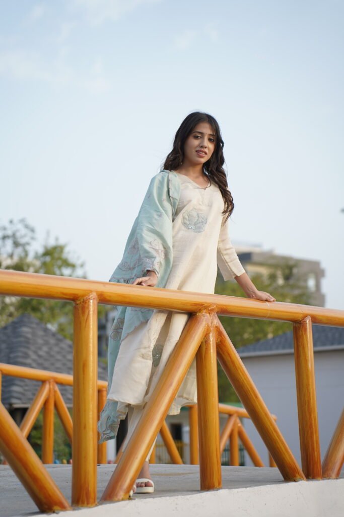 Ivory Floral Embroidered A-Line Kurta Set