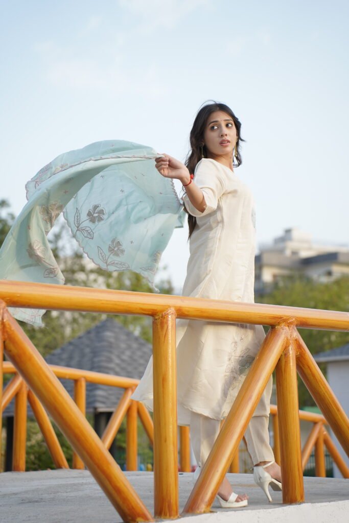 Ivory Floral Embroidered A-Line Kurta Set