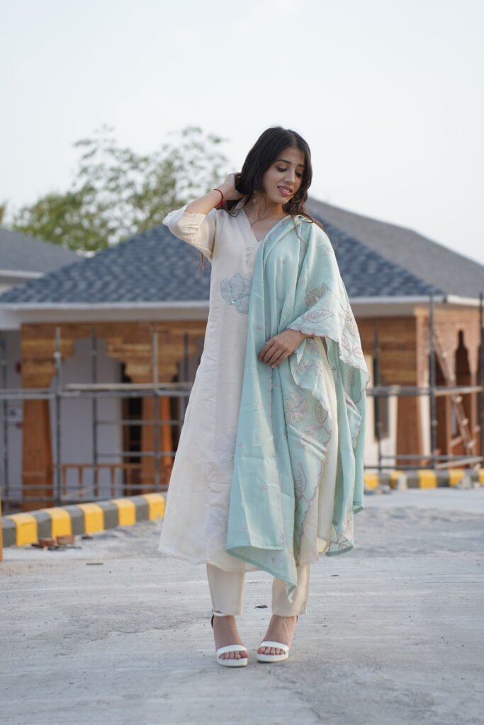 Ivory Floral Embroidered A-Line Kurta Set