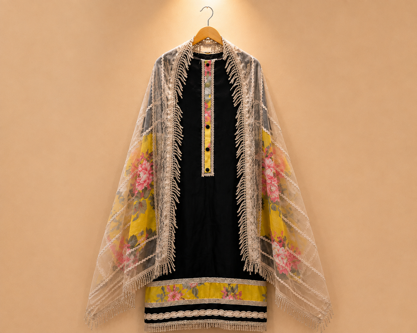 Noor Floral Black & Mustard Unstitched Material
