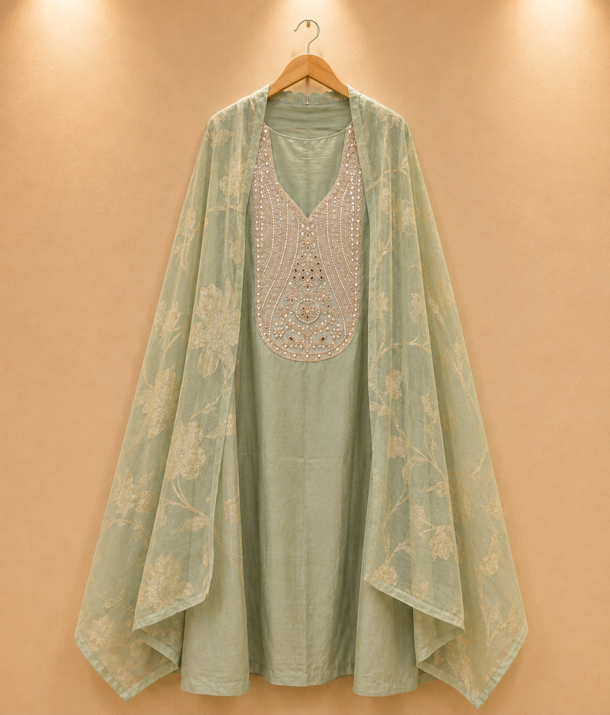 Sage Bloom Embroidered Unstitched Material