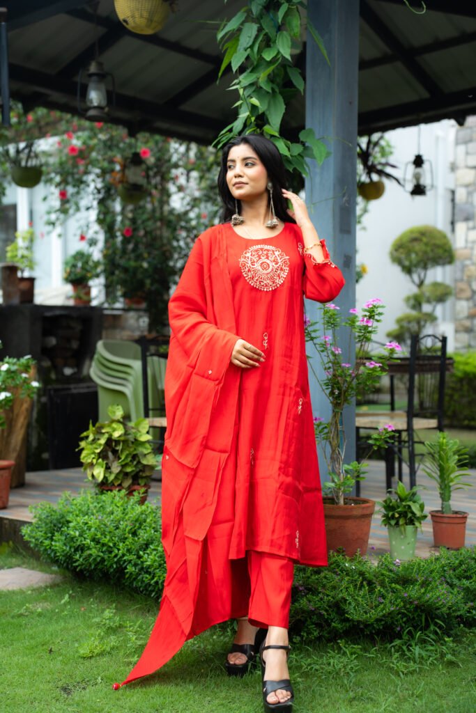 Red Royal Motif Kurta Set
