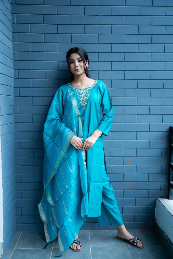Turquoise-blue Embroidered Suit Set
