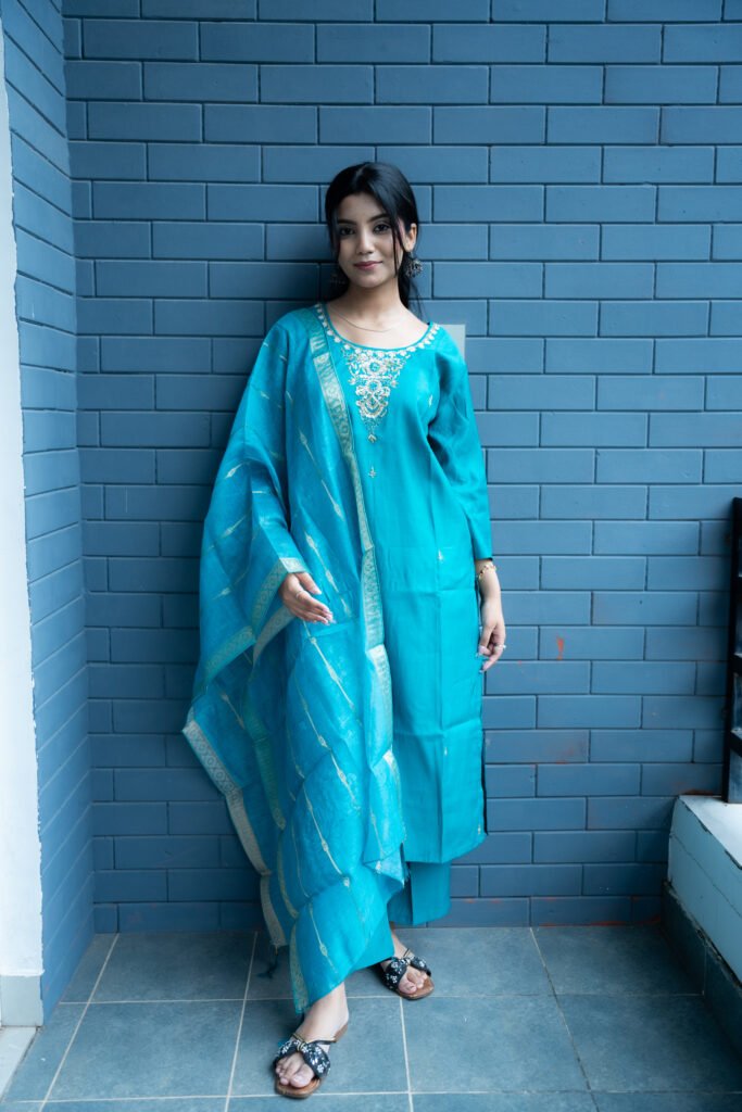 Turquoise-blue Embroidered Suit Set