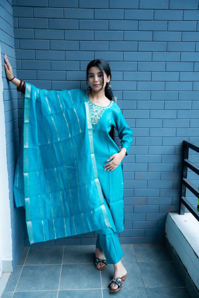 Turquoise-blue Embroidered Suit Set