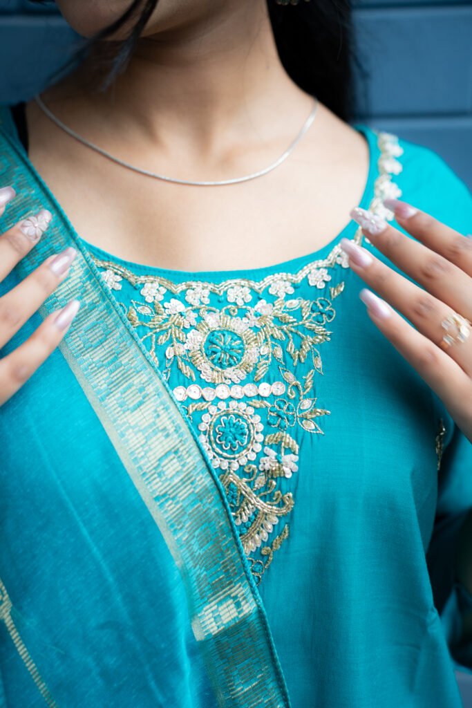 Turquoise-blue Embroidered Suit Set